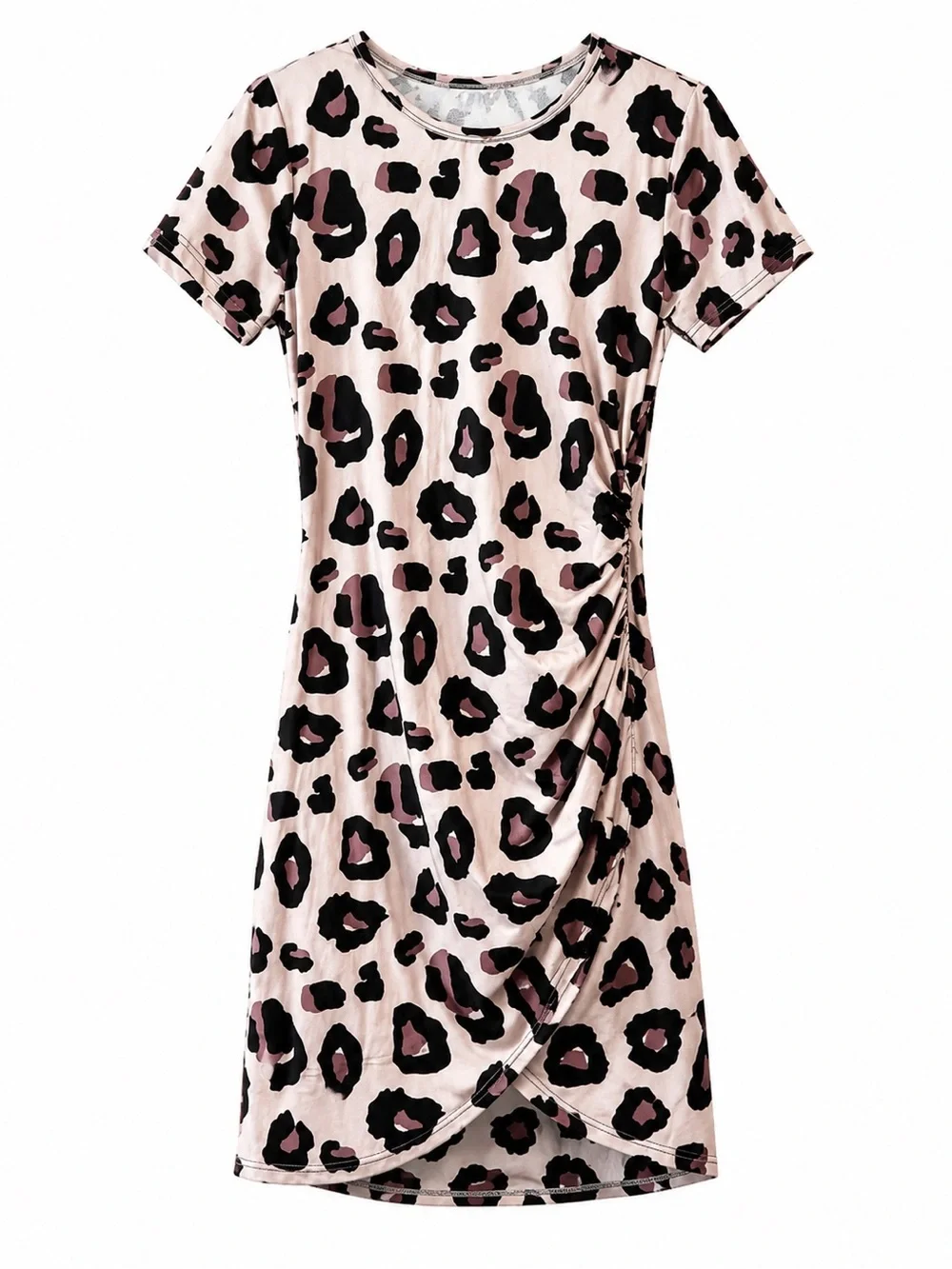 Women’s Leopard Print Short Sleeve Twist Dress - Blush Pink